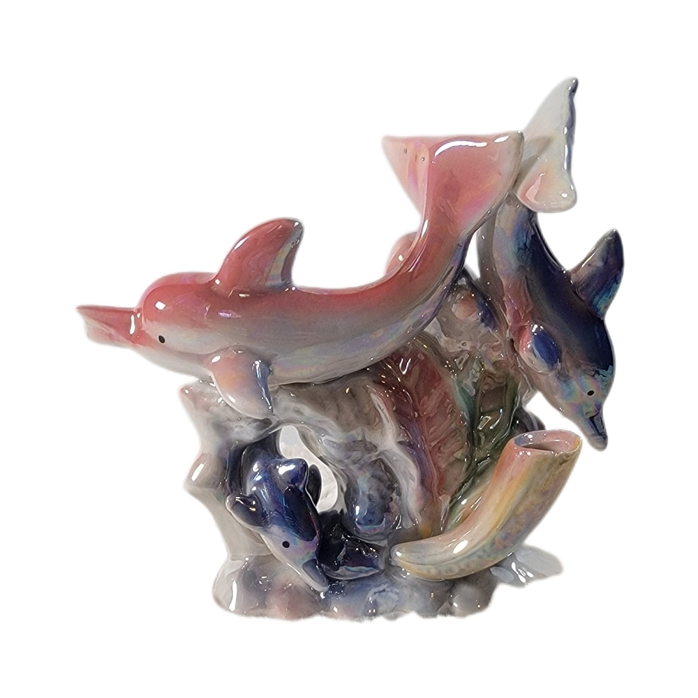 Dolphins and Coral Reefs L6"x5 1/2"Hx2" 1/2"W. Iridescent Ceramic Figurine - Picture 8 of 8